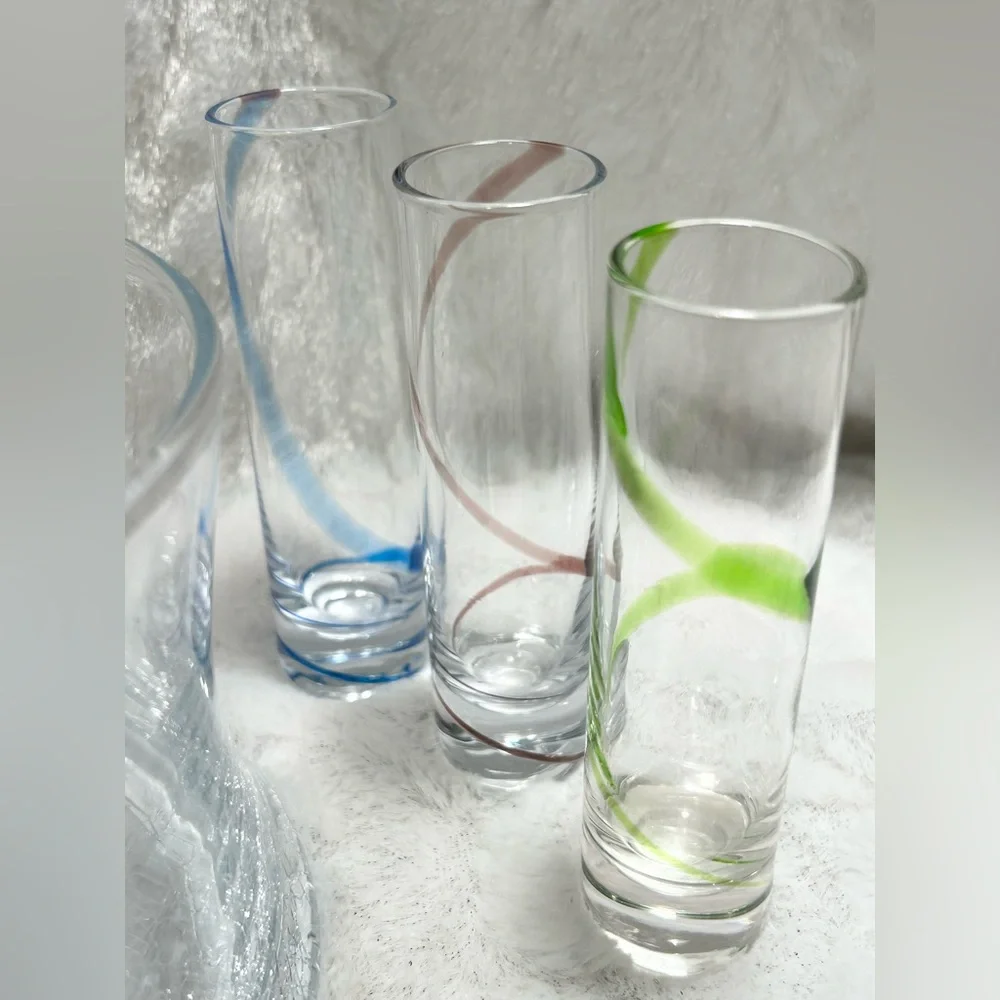 Clear Glass Crackle Bottom Ice Bucket & Set of 6 Swirl Colored Shot Glasses